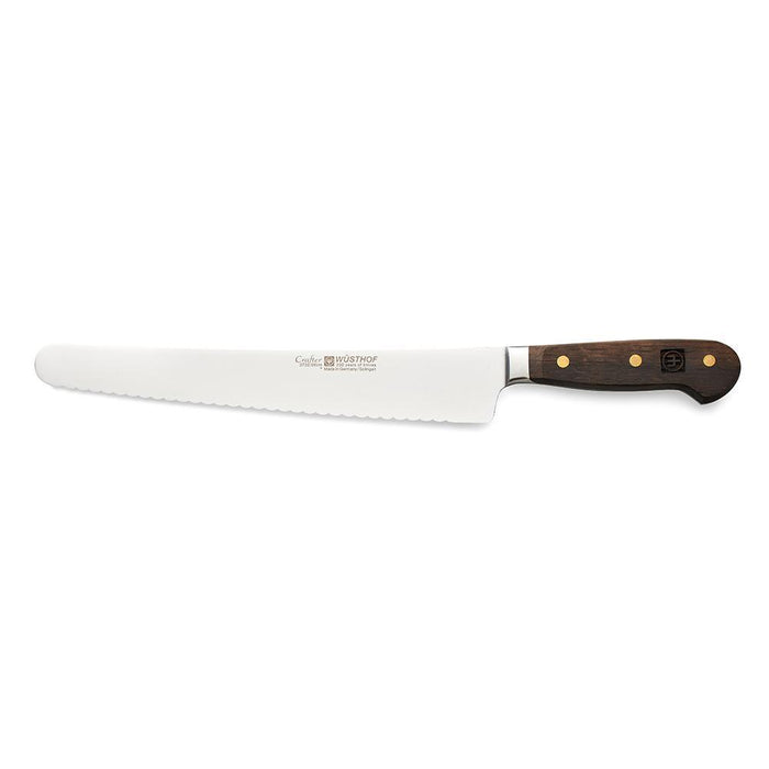 A Wusthof Crafter 10-inch Super Slicer knife with a stainless steel blade and a wooden handle.