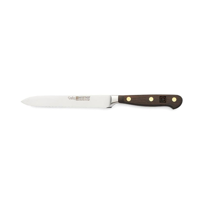 5 inch Wusthof crafter serrated utility knife displayed on a white background