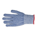 Blue Wushthof cut resistant glove with red cuff on a white background