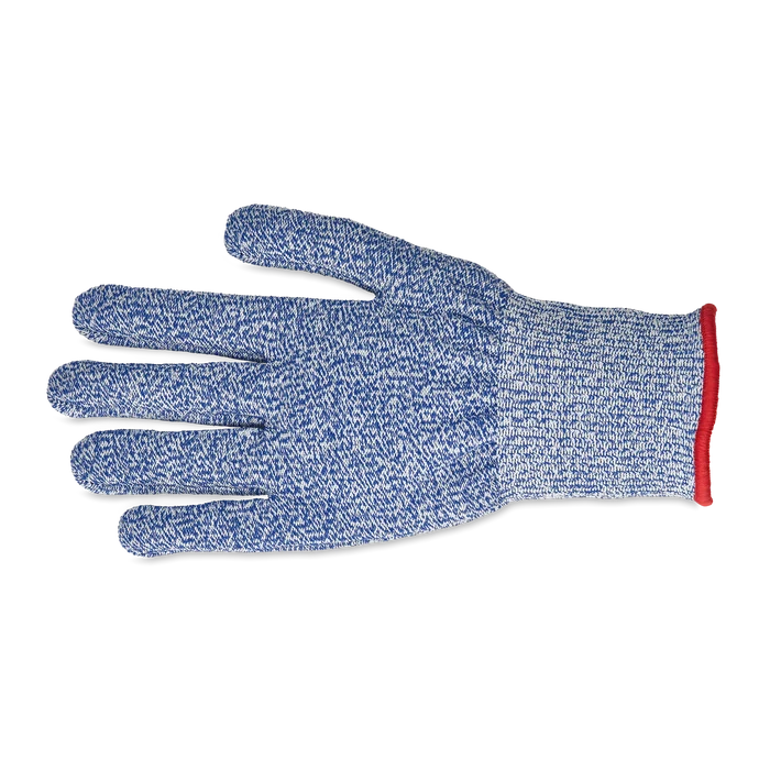 Blue Wushthof cut resistant glove with red cuff on a white background