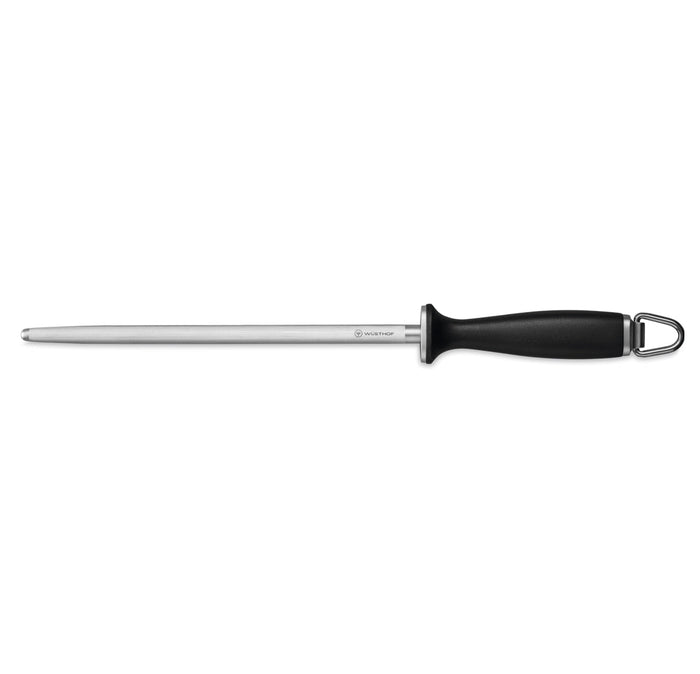 Wusthof Deluxe Honing Steel with a black handle and silver steel rod.