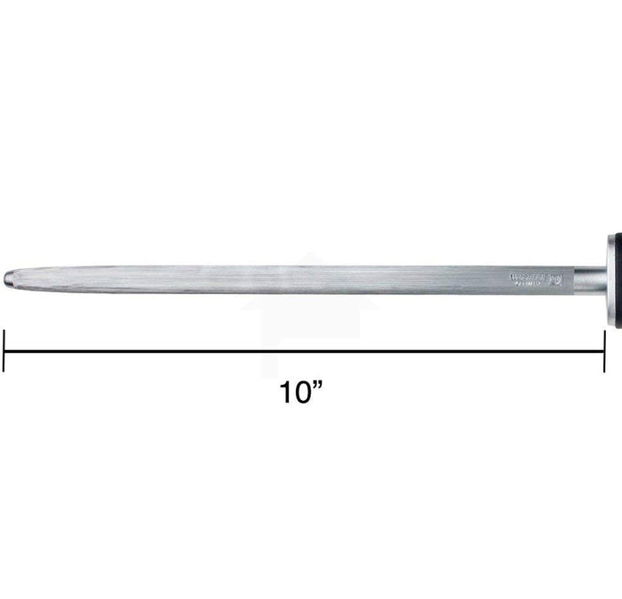 Close up of the blade of usthof deluxe honing steel knife sharpener with dimensions displayed on a white background