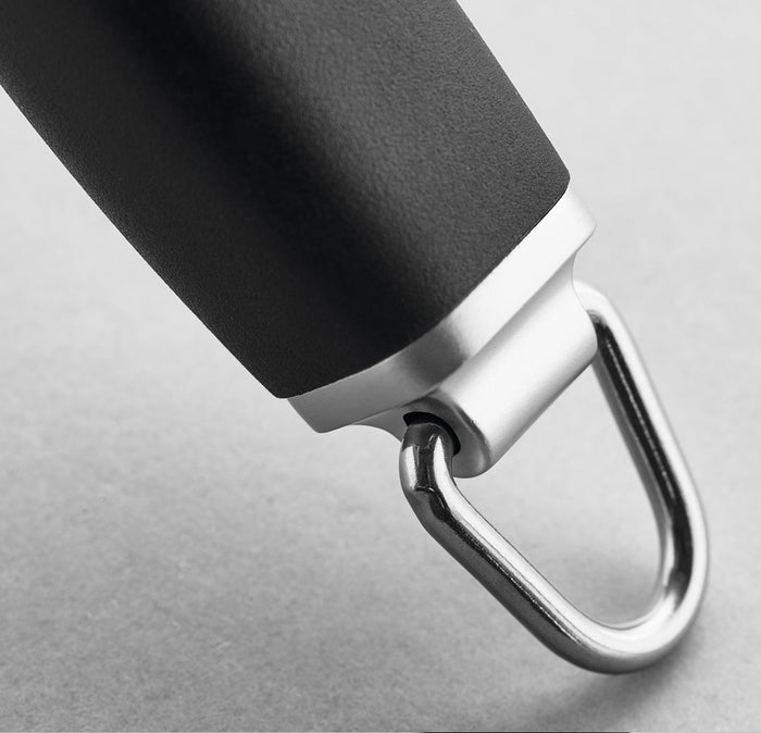Close up of the hanging part of handle for Wusthof deluxe honing steel knife sharpener displayed on a white background