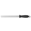 A Wusthof 10-inch wide fine diamond honing steel with a black ergonomic handle and a curved end.