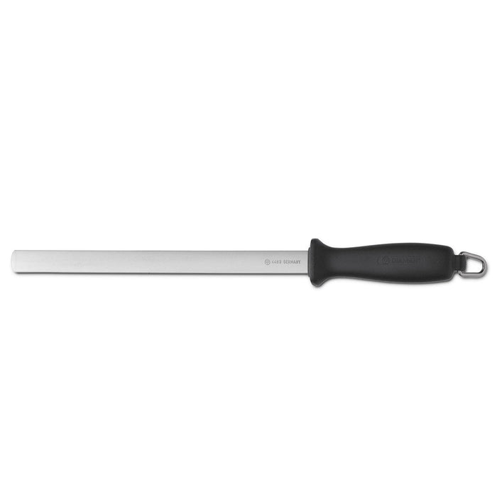 A Wusthof 10-inch wide fine diamond honing steel with a black ergonomic handle and a curved end.