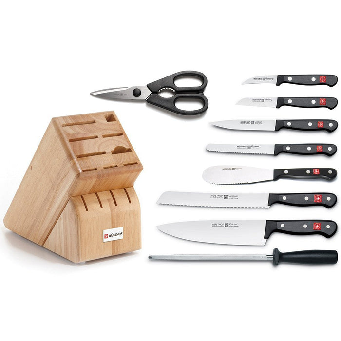 Wusthof Knife Sets Wusthof Gourmet 10-piece Knife Block Set with Beechwood knife block and knives separated displayed on a white background