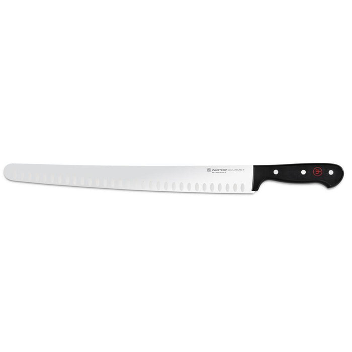 A Wusthof Gourmet 14-inch brisket slicer knife with a hollow edge, featuring a high carbon stainless steel blade and a black polyester handle with rivets.