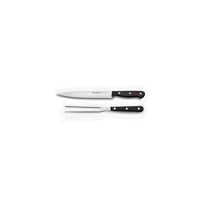 2 piece Wusthof gourmet carving set, carving knife and carving for displayed on  a white background