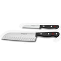 A set of two Wusthof Gourmet knives with black polyester handles and stainless steel blades, including a 4-inch utility knife and an 8-inch cook knife.