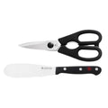 A set of Wusthof Gourmet 2-Piece Kitchen Shears and Spreader with black handles and stainless steel blades.