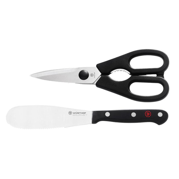 A set of Wusthof Gourmet 2-Piece Kitchen Shears and Spreader with black handles and stainless steel blades.