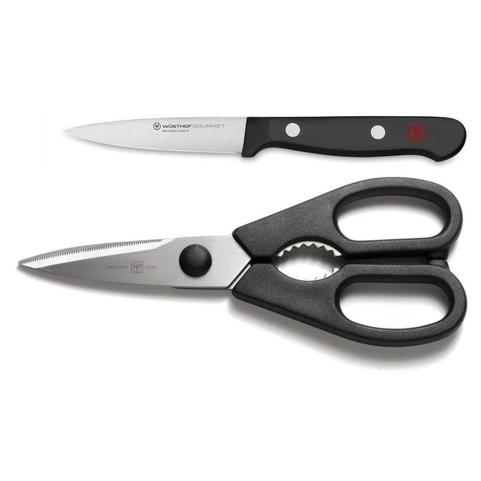 Two piece Wusthof gourmet paring knife and shears displayed on a white background