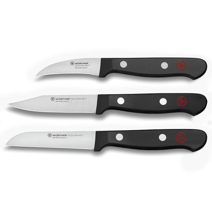 3 piece Wusthof gourmet paring knife set displayed on a white background