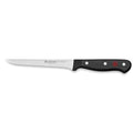 A 5 inch Wusthof Gourmet Boning Knife with a stainless steel blade and black plastic handle with a triple rivet design.