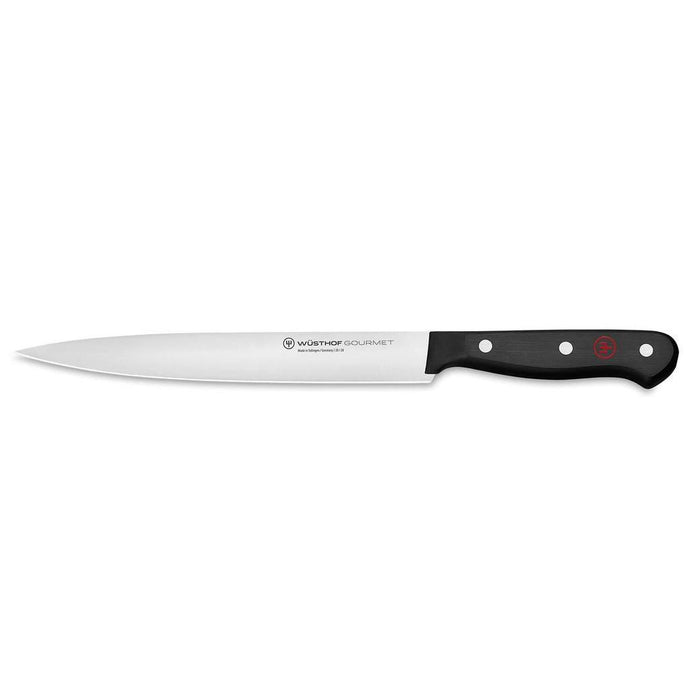 An 8-inch Wusthof Gourmet carving knife with a laser-cut blade and a black synthetic handle.