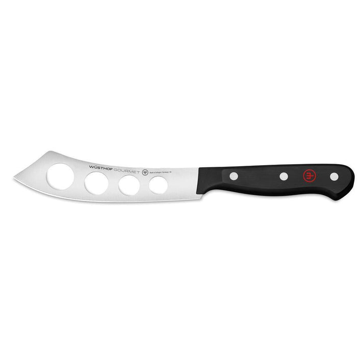 A 5 inch Wusthof Gourmet cheese knife with a stainless steel blade and a black ergonomic handle with holes in the blade.