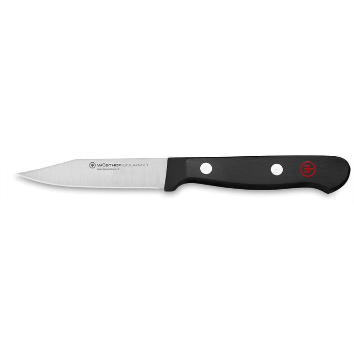 Wusthof Gourmet Clip Point Paring Knife with a 3-inch blade and black synthetic handle with red accents.