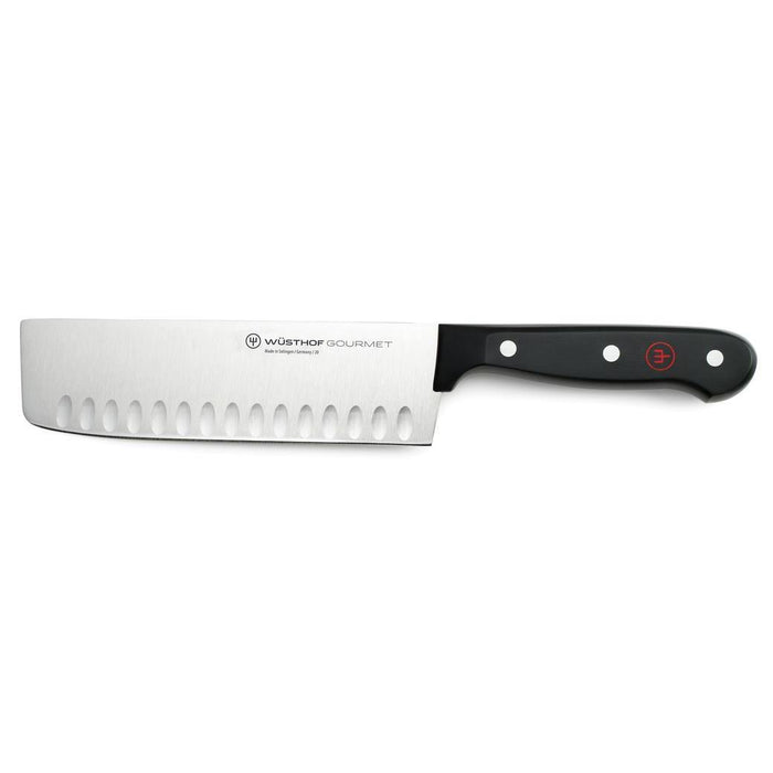 A Wusthof Gourmet 7" Hollow Edge Nakiri Knife with a stainless steel blade and black plastic handle.