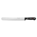A 10 inch Wusthof Gourmet Hollow Edge Roast Beef Slicer with a stainless steel blade and black synthetic handle.