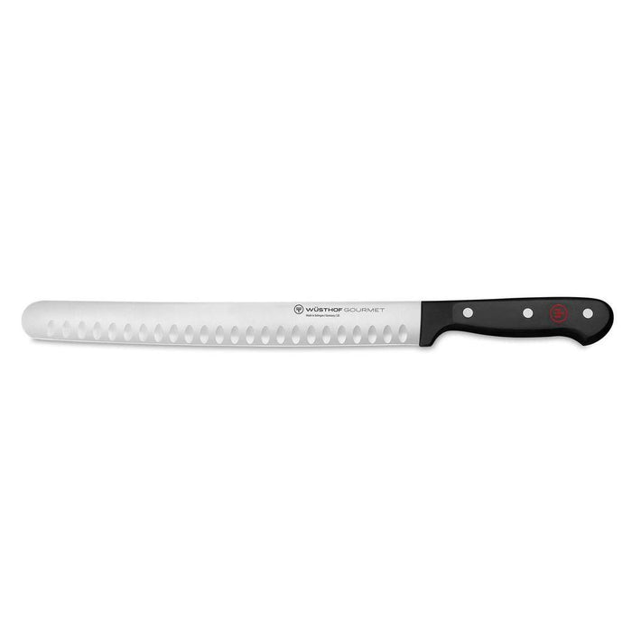 A 10 inch Wusthof Gourmet Hollow Edge Roast Beef Slicer with a stainless steel blade and black synthetic handle.