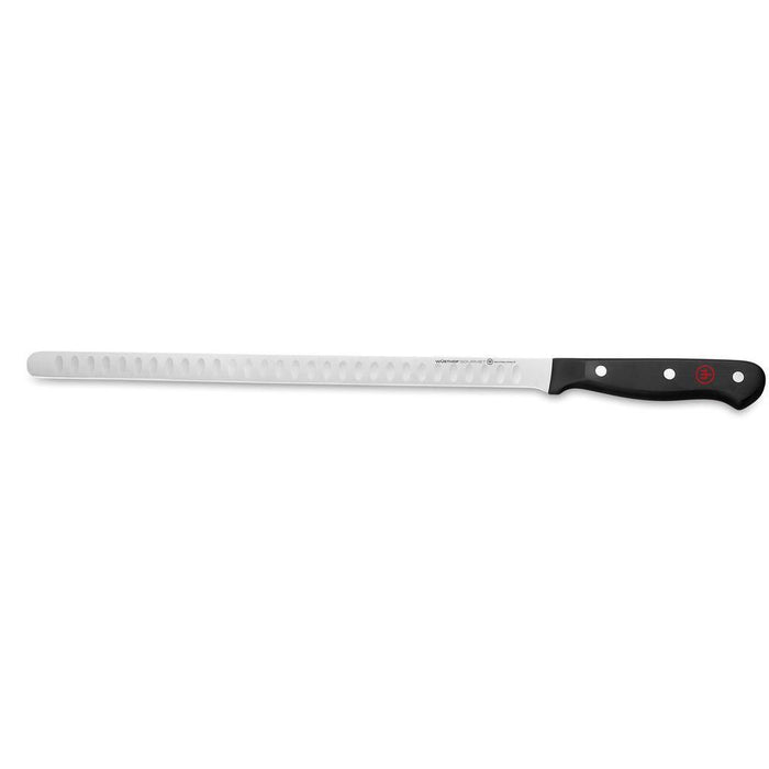 An 11-inch Wusthof Gourmet Hollow Edge Salmon Slicer with a stainless steel blade and black plastic handle.
