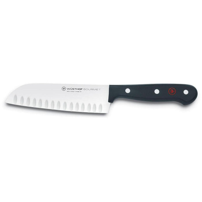 5 inch Wusthof gourmet hollow edge santoku knife displayed on a white background