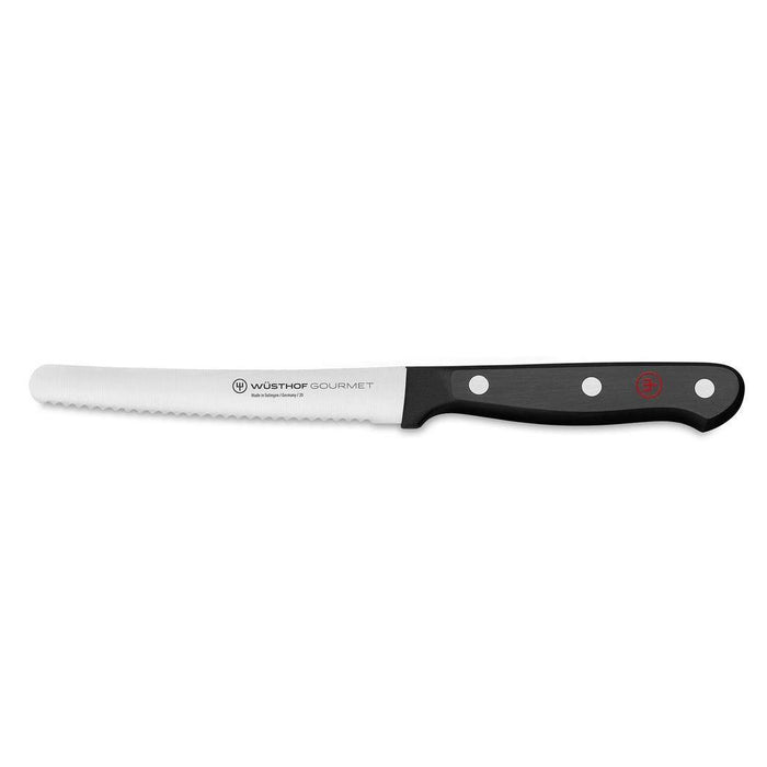 4.5 inch Wusthof gourmet serrated utility knife displayed on a white background