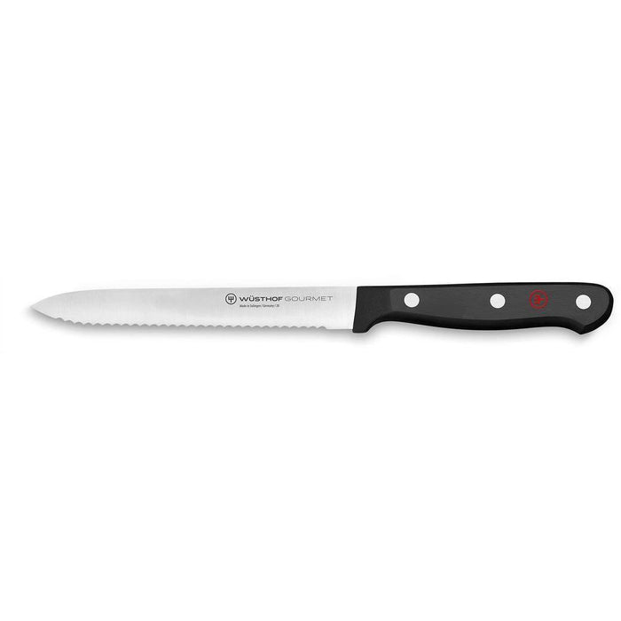 5 inch Wusthof gourmet serrated utility knife displayed on a white background