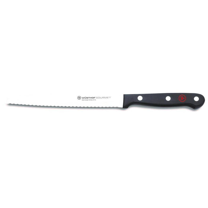 6 inch Wusthof gourmet serrated utility knife displayed on a white background