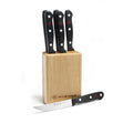 Wusthof gourmet seven piece steak block set with seven steak knives and a knife block displayed on a white background