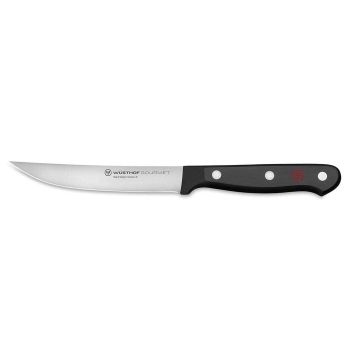 A Wusthof Gourmet 4.5 inch steak knife with a stamped blade and black synthetic handle.