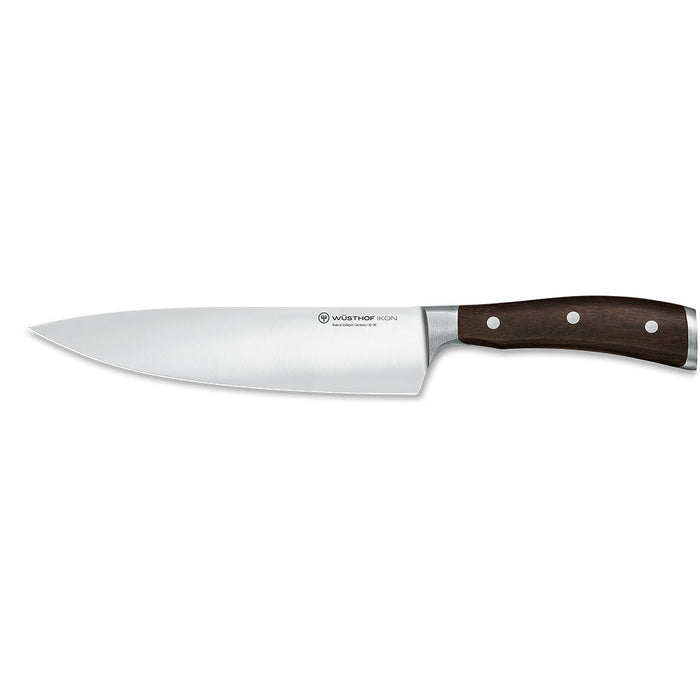 8 inch Wusthof Ikon Blackwood Chef's Knife with a silver blade and dark brown wooden handle.