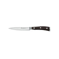 A Wusthof Ikon Blackwood Utility Knife with a wooden handle and a stainless steel blade.