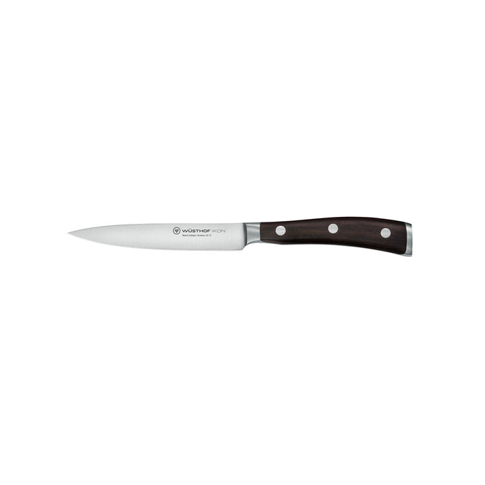 A Wusthof Ikon Blackwood Utility Knife with a wooden handle and a stainless steel blade.