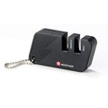 A black Wusthof keychain picnic sharpener with two levels for coarse and fine sharpening, featuring a lanyard hole and non-slip rubber feet.