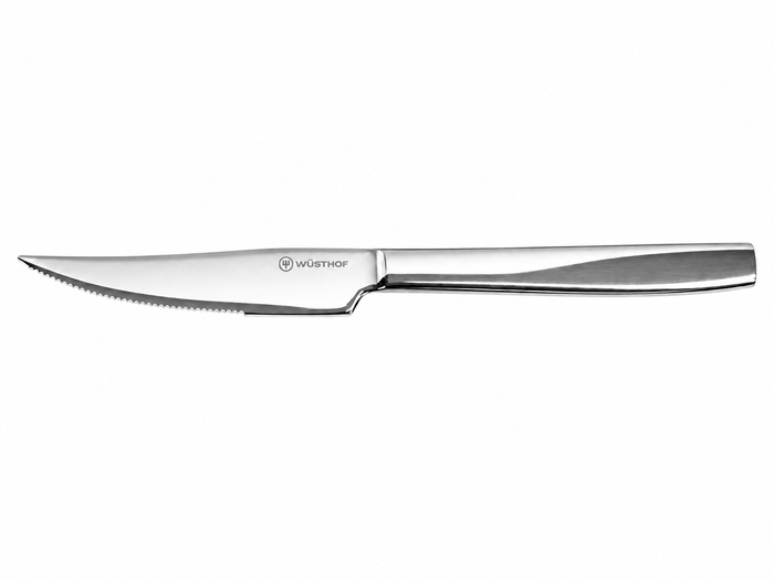 Stainless steel steak knife with Wusthof logo on a white background