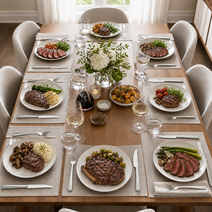 Dining table set for a meal with plates of food, glasses, and cutlery.