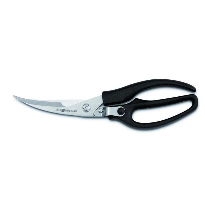 Wusthof poultry shears with black handle and curved stainless steel blades, designed for kitchen use.