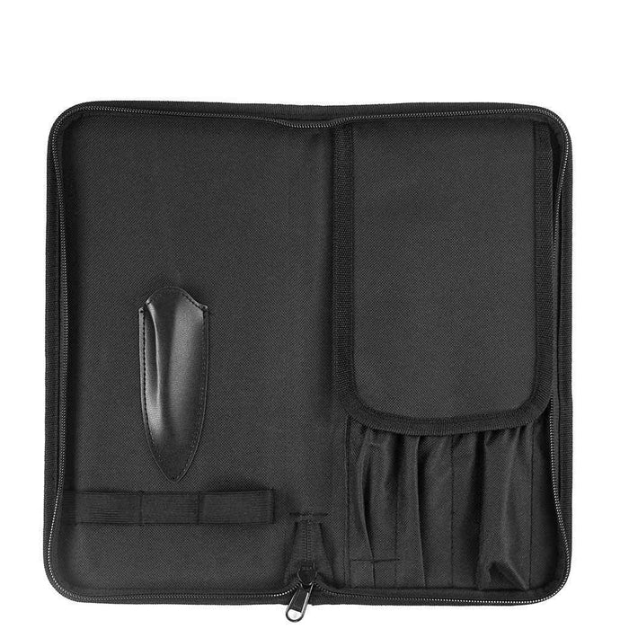 Wusthof black traveler knife case opened up and displayed on a white background