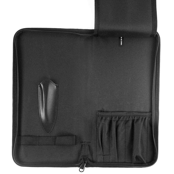Wusthof black traveler knife case opened up and displayed on a white background