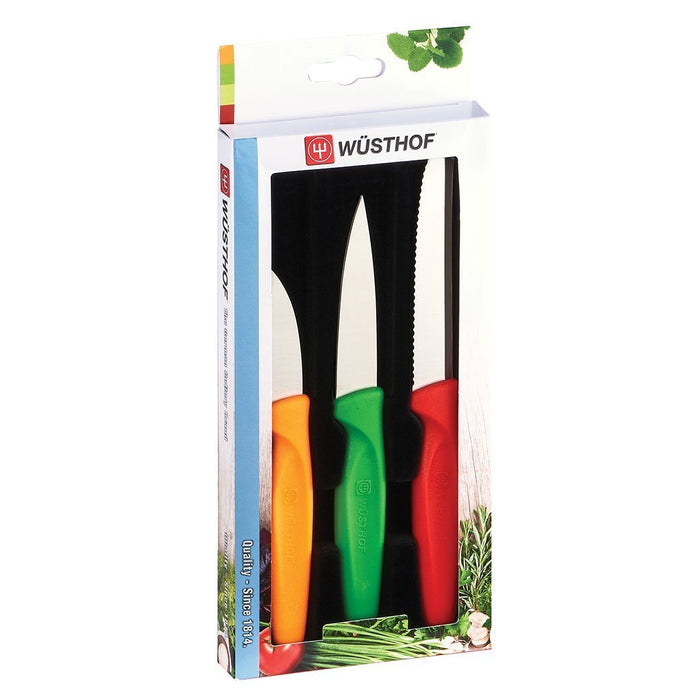 Wusthof Knife Sets Wusthof Zest 3-Piece Parer Set in colors orange, green, and red inside their packaging on a white background