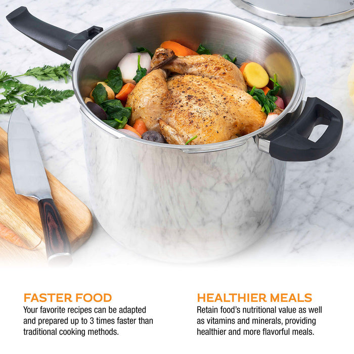 Zavor pressure cooker with a roasted chicken inside on a countertop