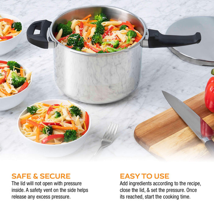Zavor pressure cooker with pasta in bowls and text describing how Zavor pressure cooker is "Safe & Secure" and "East To Use"