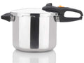 Stainless steel pressure cooker with black handles on a white background