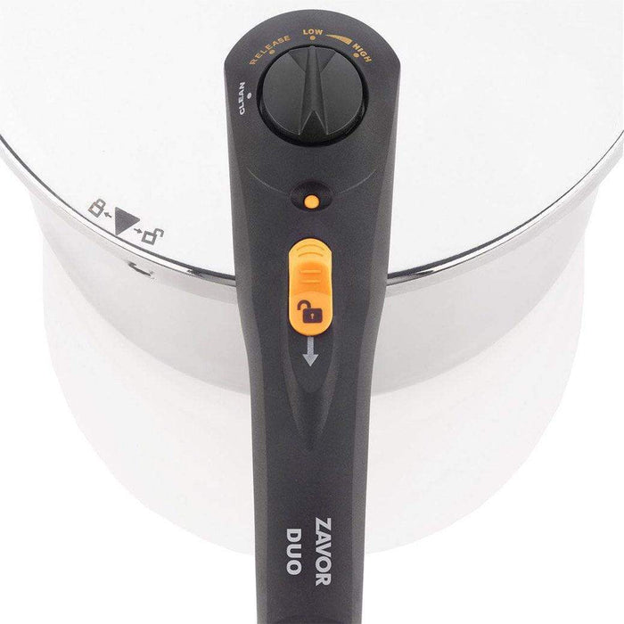 Top view of 4.2 Qt Zavor Duo Stainless Steel Pressure Cooker's handle displayed on a white background