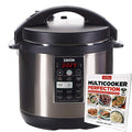 6 qt Zavor lux multi-cooker next to a cookbook displayed on a white background