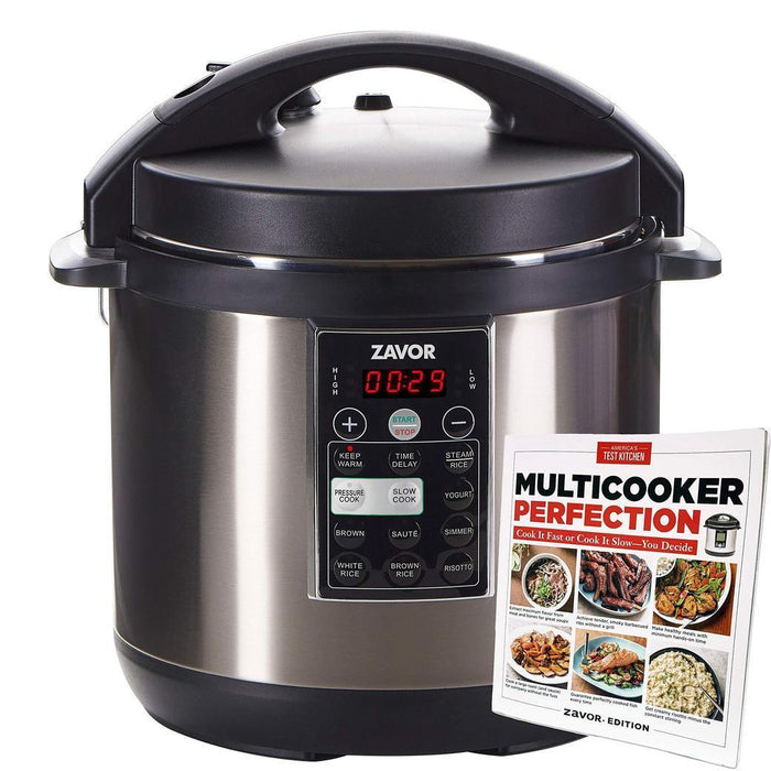 6 qt Zavor lux multi-cooker next to a cookbook displayed on a white background
