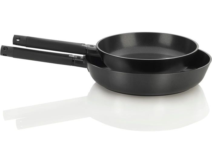 Zavor noir 10 & 12 inch skillet set stacked with black handles on a white background