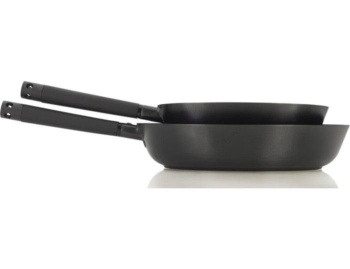 Zavor noir 10 & 12 inch skillet set stacked with black handles on a white background