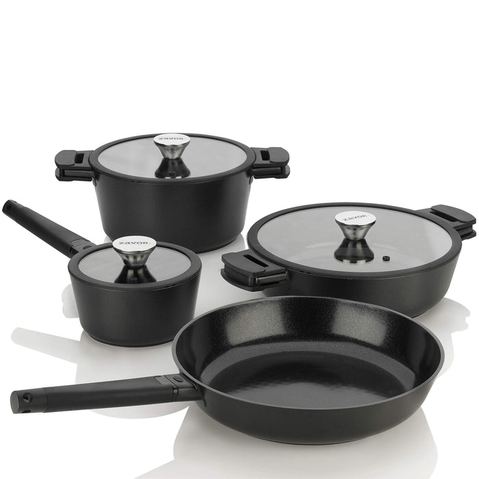 Zavor noir 7 piece cookware set with pans and lids displayed on a white background